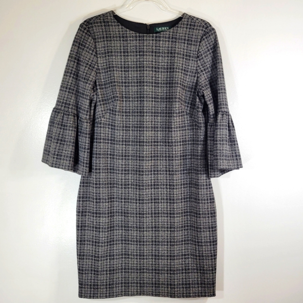 RALPH LAUREN women's grey plaid elbow bell sleeve wool blend sheath dress
